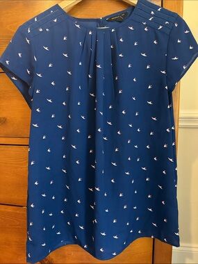 Banana Republic Navy Blue Short-Sleeve Blouse with Pink Bird Print